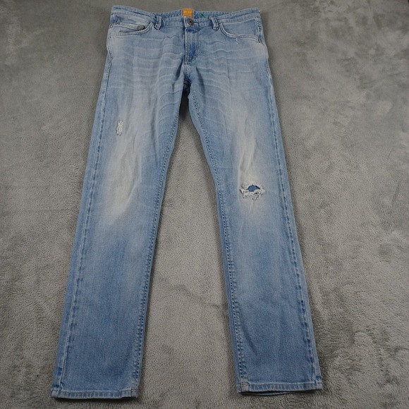 Hugo Boss Jeans Mens 33x32 Blue Denim Orange 71 Slim Fit Distressed Light Wash - Picture 1 of 10